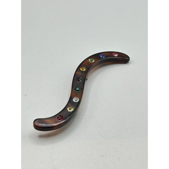 Vintage Celluloid Squiggle Shaped Pin Brooch Rhinestones Brown Early Plastic Pin - Picture 2 of 7